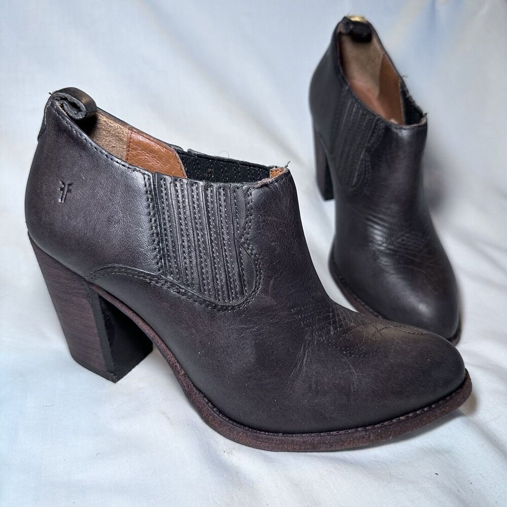 Frye Black Leather Stacked Heel Ankle Boots